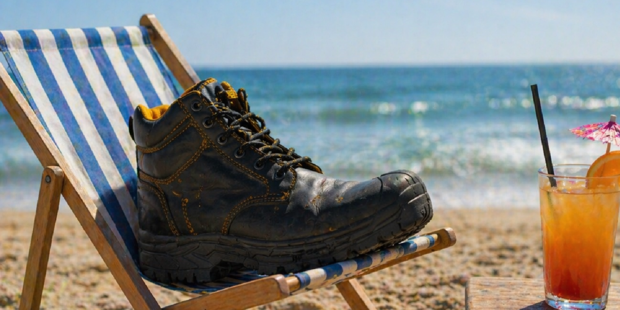 werkschoen op strandstoel, ludieke foto